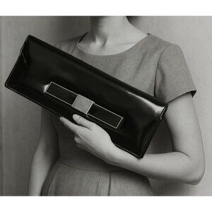 1950s Aetna USA Black Patent Envelope Clutch Purse Royaltone Lined 15" Mid Centu